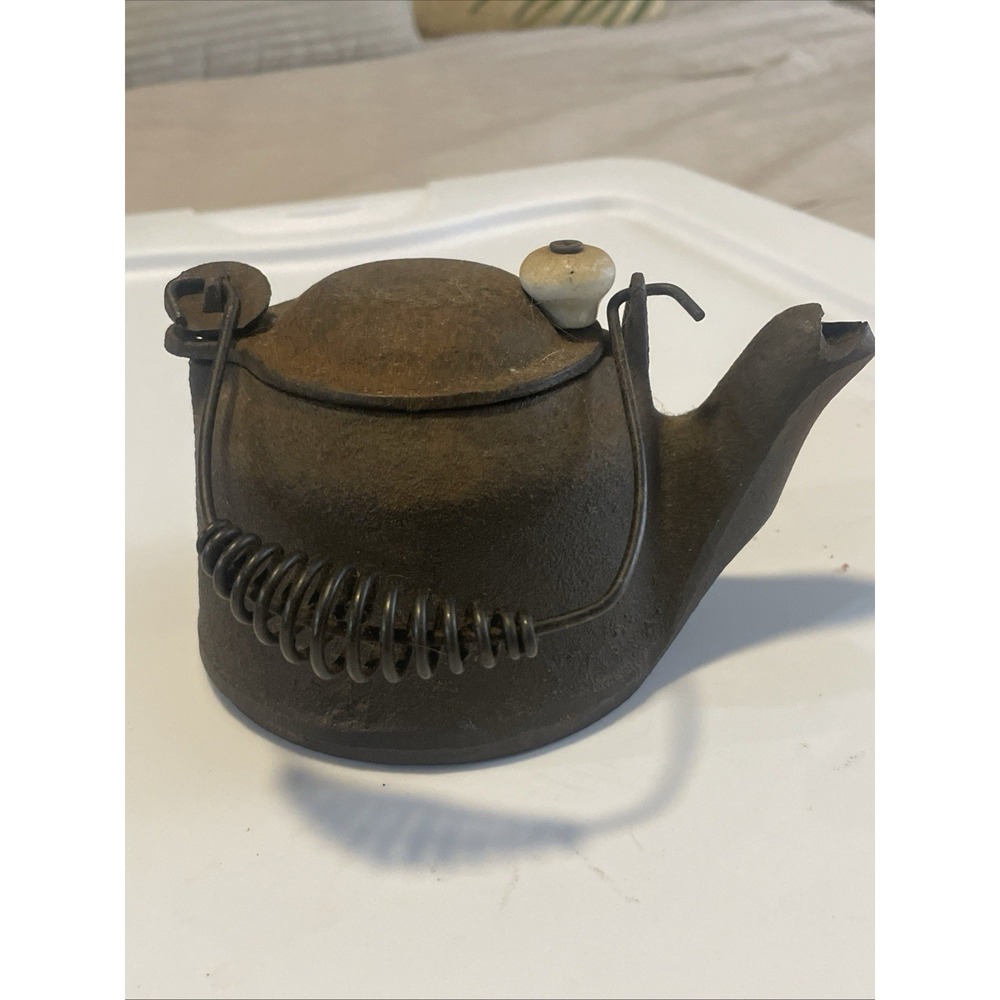 Vtg Wagner Ware Cast Iron Tea Kettle Sidney Ohio Swivel Lid Wire Handle Rustic